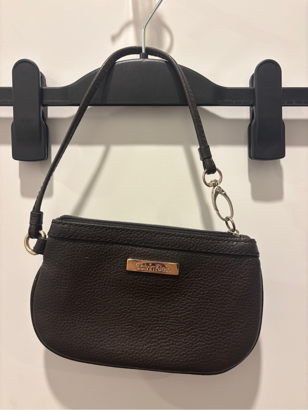 Calvin Klein Dark Brown Pebbled Leather Mini Wristlet with Gold Hardware